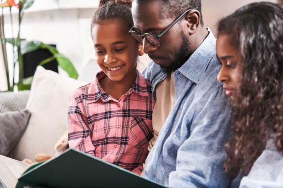 Family looking at a tablet