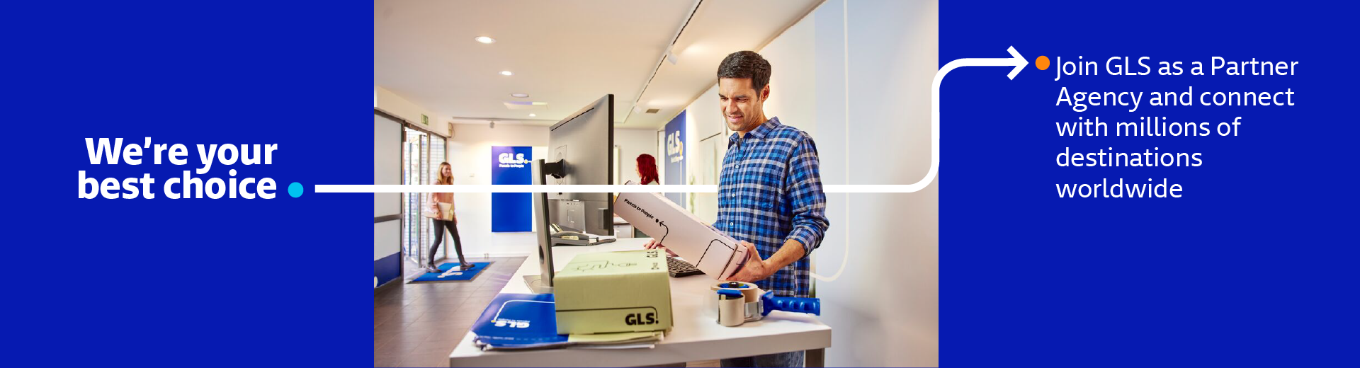 GLS promotional banner showing a Partner Agency preparing a shipment, with the message.
