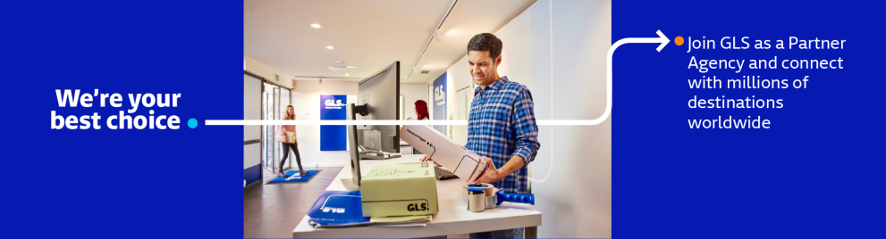 GLS promotional banner showing a Partner Agency preparing a shipment, with the message: 